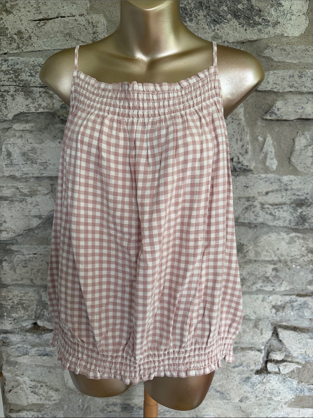 Gingham Smocked Spaghetti Strap Tank in Blush